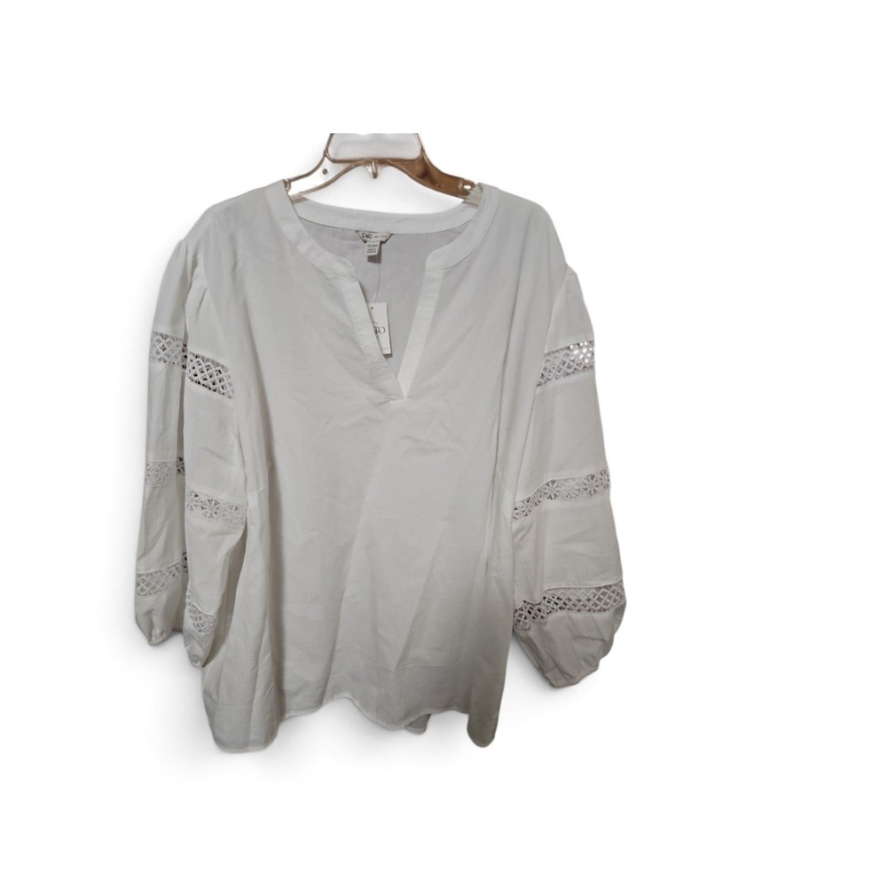 Cato White Long Sleeve Crochet Lace Panel Split V-Neck Blouse Top NWT